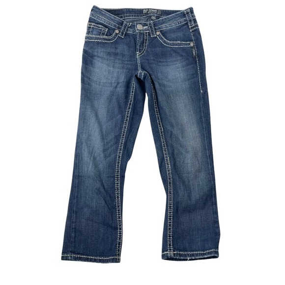 Silver Jeans Denim - Silver Aiko Capri cropped jeans distressed embroidered blue